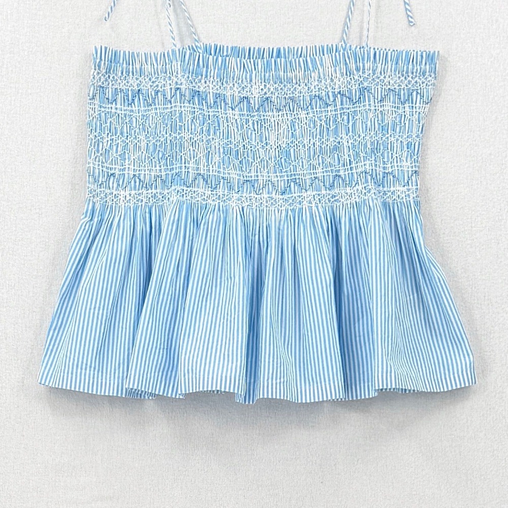 J CREW Paloma Smocked Tank Top Womens Medium Blue White Stripe Tie Shoulder NEW - Picture 11 of 15
